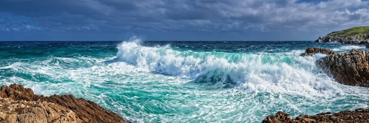 Fototapeta premium dramatic scene at the beach with waves crashing in the background, while the foreground is calm. The sky is overcast, suggesting a stormy day.