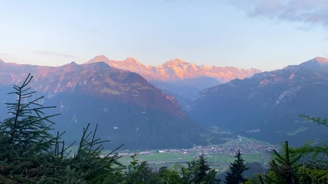 Panorama of the Eiger, Jungfrau and monch mountains at sunset.
