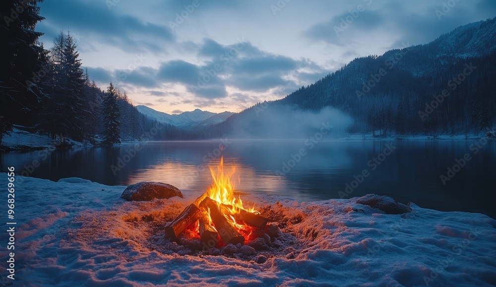 Sticker campfire by the lake in winter