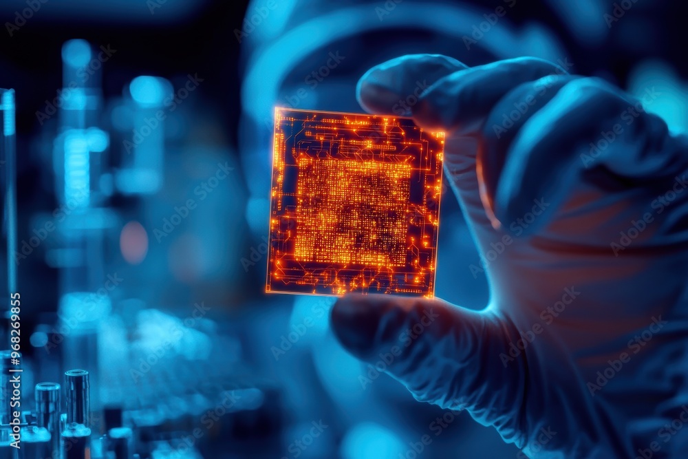 Poster a scientist holds a glowing microchip in a high-tech laboratory, showcasing advanced technology and 