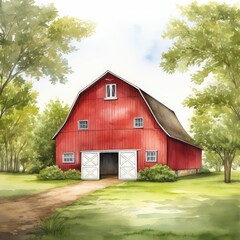 Fototapeta premium Rustic Red Barn Illustration Surrounded by Lush Greenery on a Sunny Day