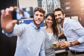 Business people, happy or outdoor selfie for team event, social media and party on rooftop. Colleagues, beer and celebration of company success, goals or hard work by drinking together on balcony