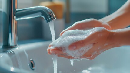 Fototapeta premium woman washing hands with tap and soap in bathroom