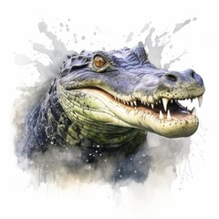 Obraz premium Watercolor Illustration of a Fierce Alligator Head with Splash Effects, Detailed Artistic Animal Painting for Nature Enthusiasts and Wildlife Art Collectors.