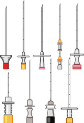 Naklejka premium epidural needle set cartoon. relief labor, childbirth procedure, spine lumbar epidural needle sign. isolated symbol vector illustration