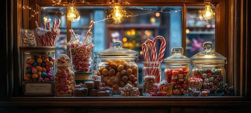 A sweet shop window display, with old-fashioned candy jars, vintage candy canes, and classic treats