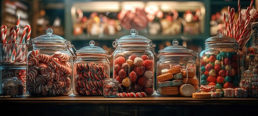 A sweet shop window display, with old-fashioned candy jars, vintage candy canes, and classic treats