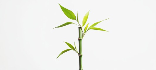 Fototapeta premium A tall, slender bamboo stalk with fresh green leaves sprouting at regular intervals