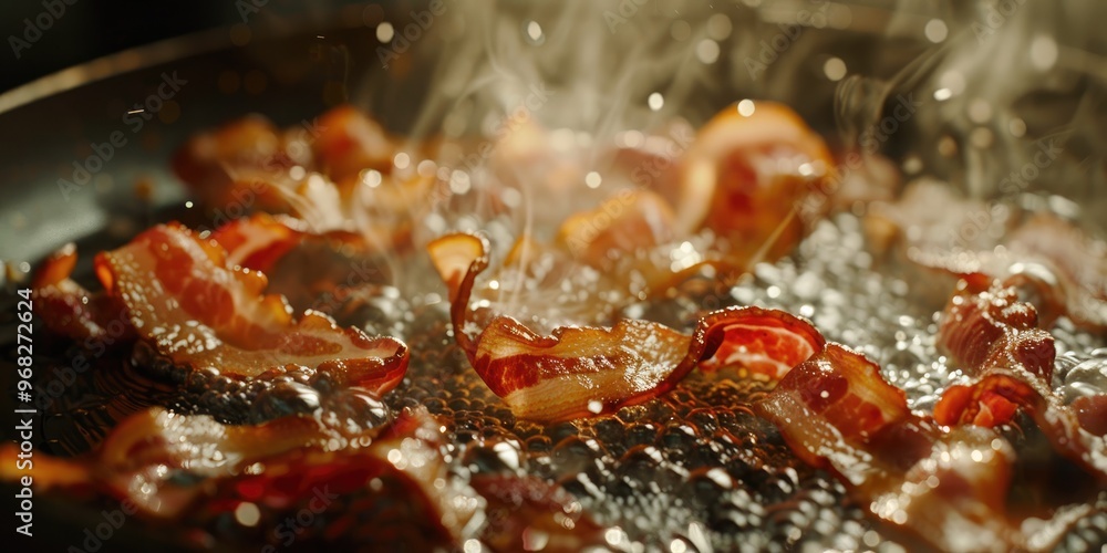 Poster close up of bacon slices sizzling in a pan