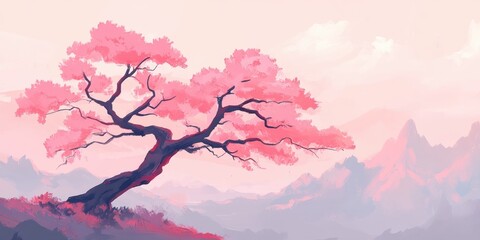 A serene landscape featuring a single pink tree against a soft, pastel background, evoking tranquility and beauty in nature.