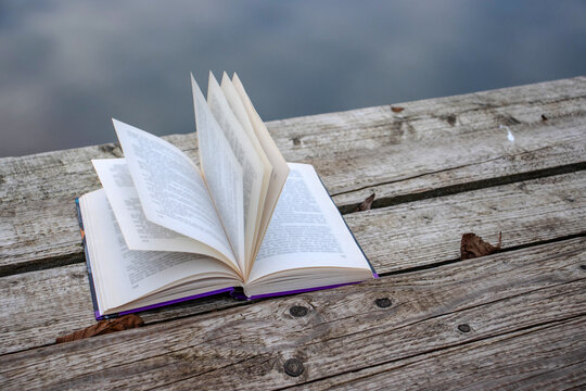 Open book with pages flipping in the wind. Reading on the lake wooden dock on autumn day. Learning enjoying tranquility of nature. Peaceful outdoor environment. Selective focus. Blurred background.