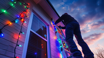  Installing Holiday Lights on a House with Ladder and Bright Decorations