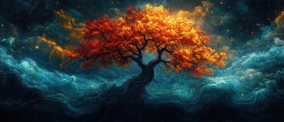 Obraz premium A Single Tree with Orange Leaves Over Abstract Dark Blue Clouds