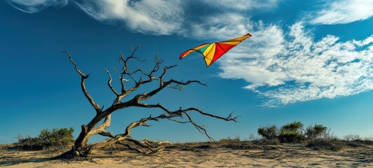 A vibrant, colorful kite stuck in the barren branches of a dead tree