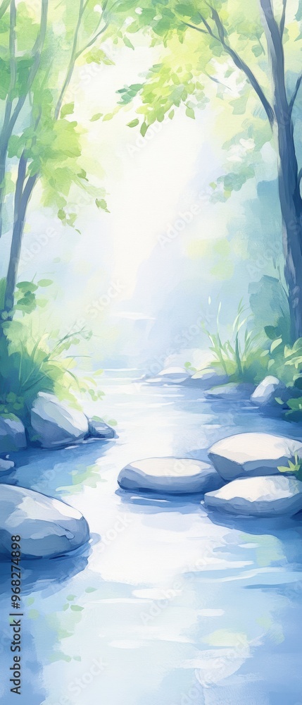 Poster a serene river scene with gentle light filtering through lush trees, creating a tranquil atmosphere 