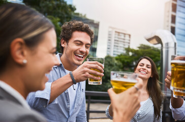 Business people, outdoor party and alcohol for team event, laughing and funny conversation on rooftop. Employees, beer and celebration of company success or hard work, balcony and drinking together