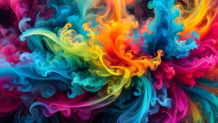 Fototapeta premium Abstract colorful swirl of smoke with flowing vibrant colors in a dark background.