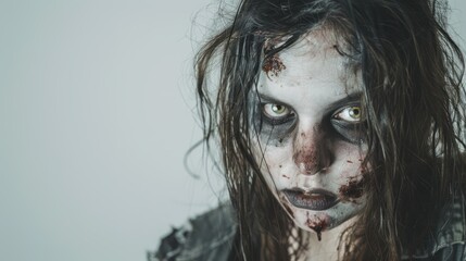 Scary zombie woman with makeup posing for halloween