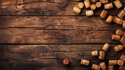 Corks for wine or champagne on wooden background with space for holiday message