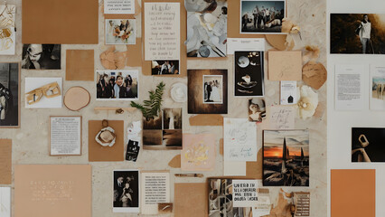 A mood board production scene full of photographs, typography samples, and design inspiration generative ai