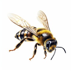 Detailed Illustration of a Honeybee with Transparent Wings and Yellow Stripes on White Background - Ideal for Educational and Botanical Uses