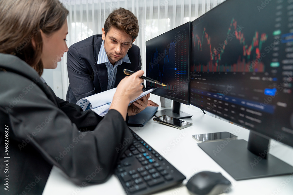Poster two business traders discussing value business statistic graph company on paper report analyzing wit