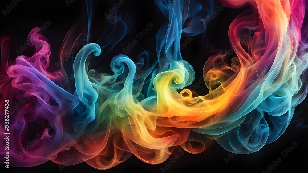 Wall mural abstract colorful smoke swirls against a black background.