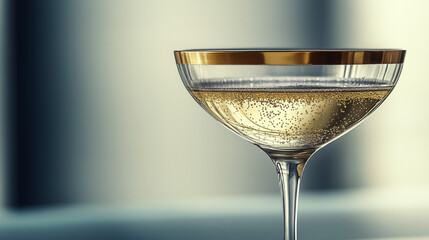 a champagne coupe with gold rim filled with sparkling champagne against an isolated silver...