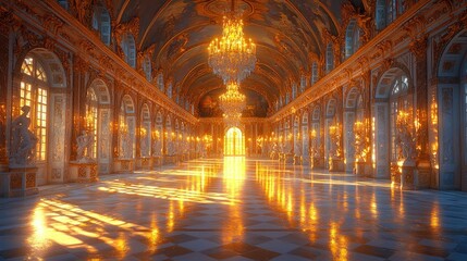Obraz premium Golden Hallway With Statues and Chandeliers in a Grand Palace 