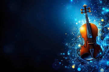 violin surrounded by luminous musical notes, blue backdrop, copy space