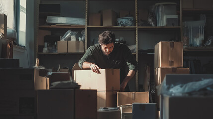 a man sorting through boxes in a garage, surrounded by items with a focused expression against an isolated soft gray background