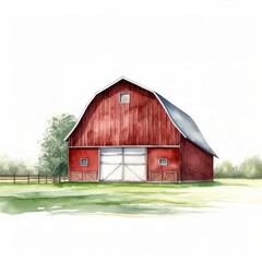 Rustic Red Barn Illustration in Countryside Setting - Ideal for Farmhouse Decor and Agricultural Themes