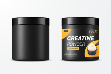 Black creatine powder jar mockup. Blank sports nutrition packaging with place for your label design. Plastic matte cosmetics jar. Realistic 3d style. Isolated on white. Vector illustration.