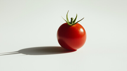 a single cherry tomato with a glossy red surface and green stem against an isolated white background