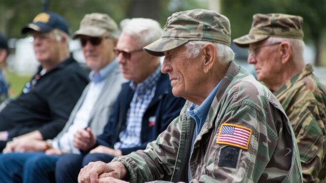 Veterans at Memorial Event Wearing Military Attire with Camouflage and American Flags
