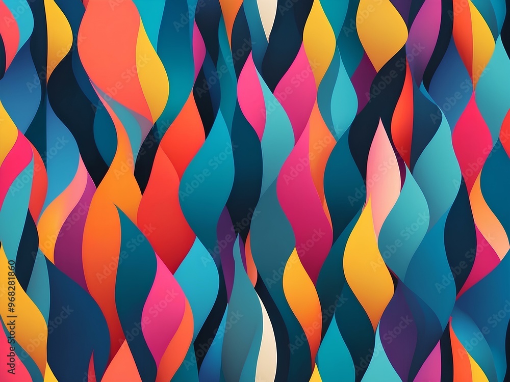 Poster abstract flowing waves of vibrant color, dynamic curves and sharp contrasts create motion, with a mi