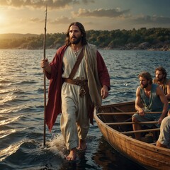 Bearded man in robe walking on water with companions in boat.