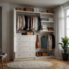 Neat and organized modern wardrobe in a bright and stylish room