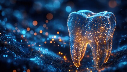 Glowing tooth, dental care,  healthy teeth, digital art, 3D render
