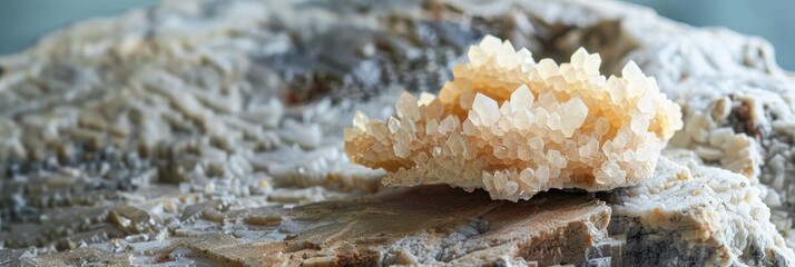 Stilbite mineral specimen on rock showcasing geological features and crystalline structure.