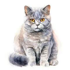 Obraz premium Watercolor Illustration of a Grey Cat with Amber Eyes on a White Background â€“ Ideal for Pet Lovers, Home Decor, and Artistic Projects