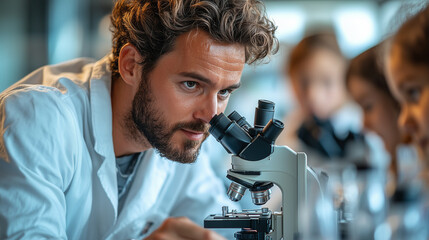 A teacher using a microscope to show students details of a biological specimen.