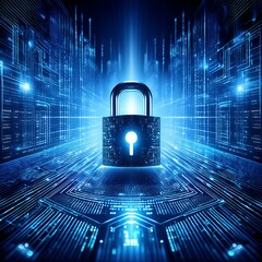 Illustration of a futuristic, cyber-tech style digital padlock surrounded by flowing binary code and electronic circuit lines, Generative AI
