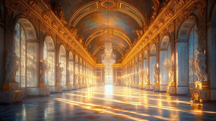 Golden Hallway With Statues and Chandeliers in a Grand Palace 
