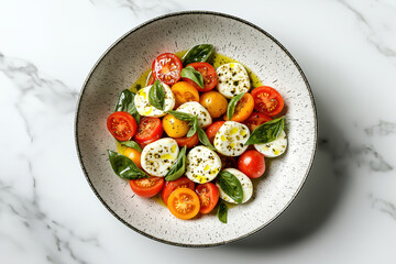 Tomato and Mozzarella Caprese Salad made with cherry tomatoes, bocconcini, fresh basil and oil and vinegar dressing bowl on table top view