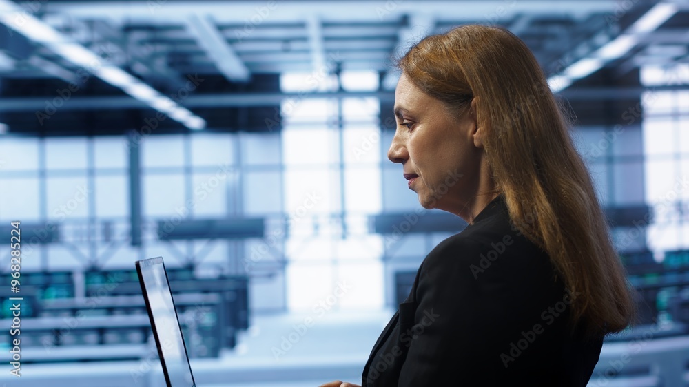 Poster system administrator in data center typing on laptop, running error checking utilities to fix proble