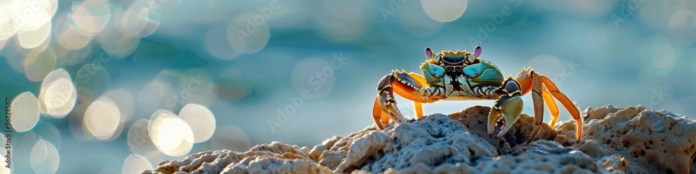 Poster crab resting on a rocky shoreline with selective focus and bokeh effect.