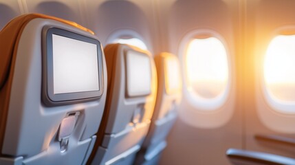 Cozy airplane interior with empty seats and soft sunlight streaming through windows during a peaceful flight.