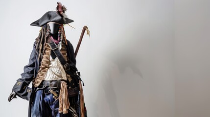 Naklejka premium Mannequin wearing buccaneer costume posing with sword and musket