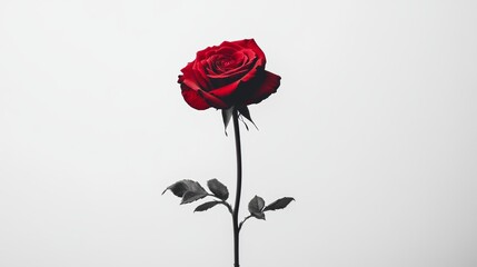 Single red rose on white background, minimalist